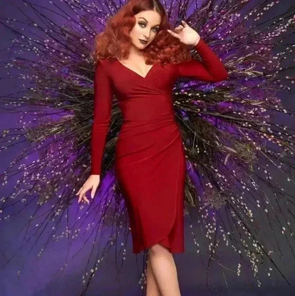 Laura Byrnes Dresses & Skirts - Burgundy Faux Wrap Greta Dress - Laura Byrnes